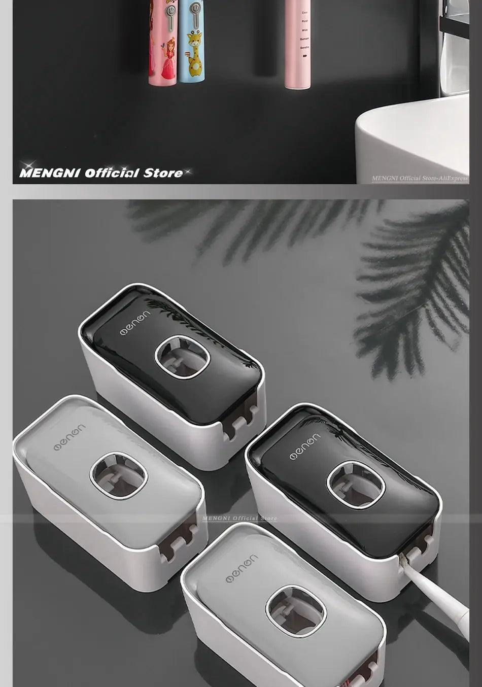 MENGNI toothpaste dispenser 4-pack with white bodies and black lids; wall-mounted squeezer for bathroom use