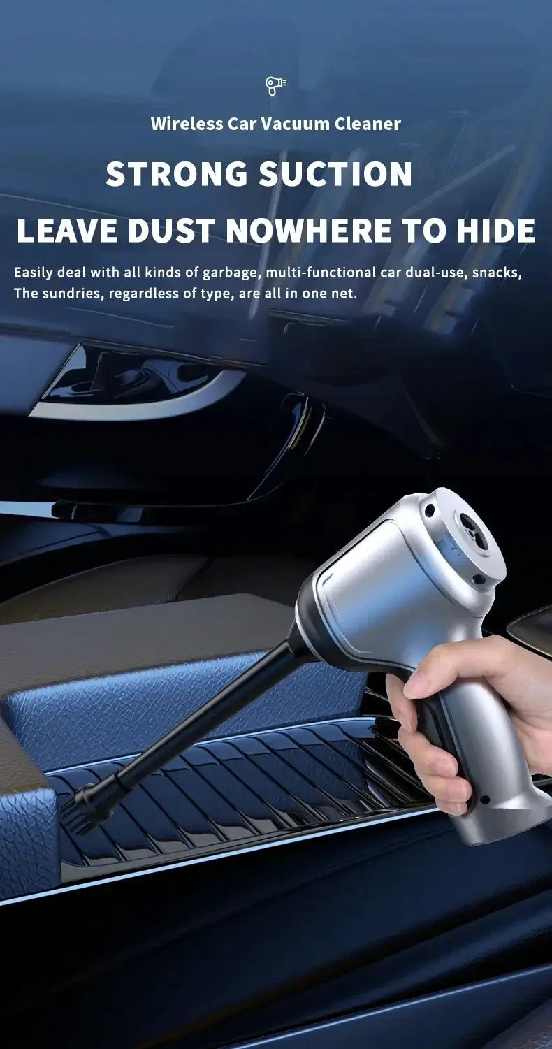 Wireless car vacuum cleaner, silver handheld with black nozzle, strong suction for car interiors.