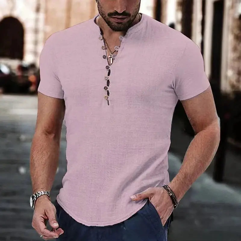 Men's short-sleeve cotton-linen V-neck button shirt in light pink.
