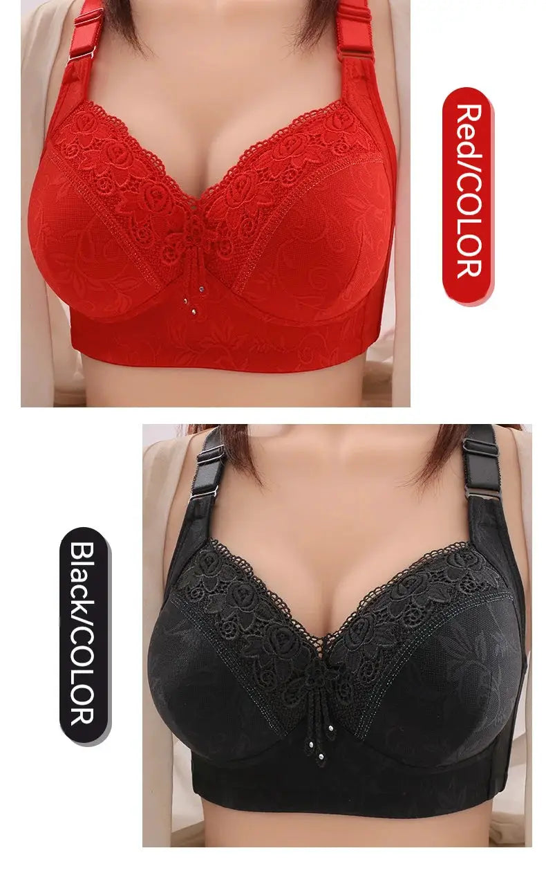 Womens lace bras in red and black with floral embroidery and deep V neckline, two-color set by Simples Market.