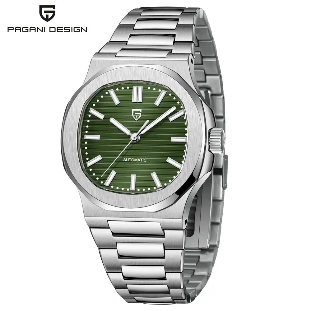 Pagani Design 40mm men's stainless steel automatic watch with green dial and sapphire glass