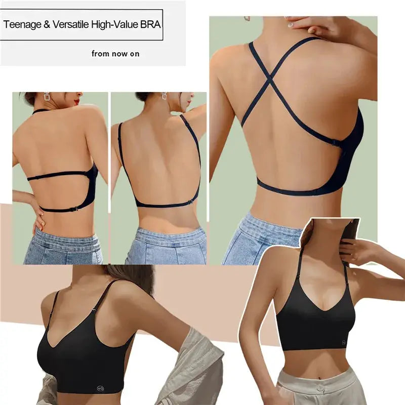 Women's invisible bra with deep U plunge, backless design and transparent straps in black for dresses