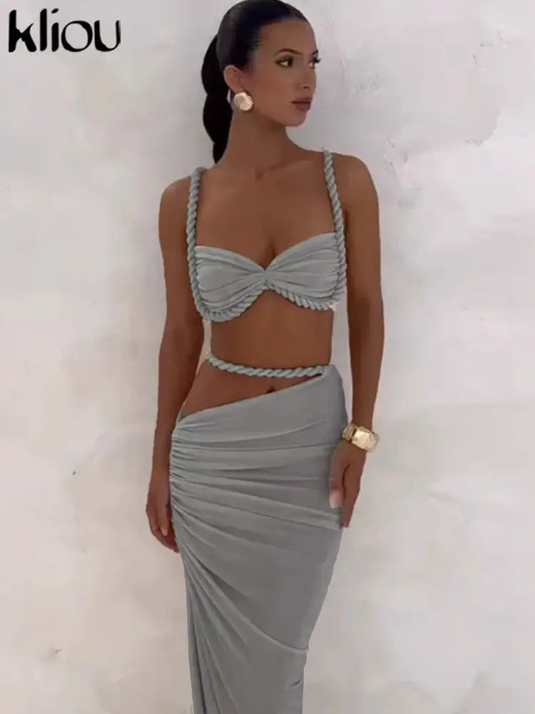 Kliou Woven Sexy Women Two Piece Set With Pleated Crop Camisoles And High Waist Maxi Skirt Contouring Stretch Fabric