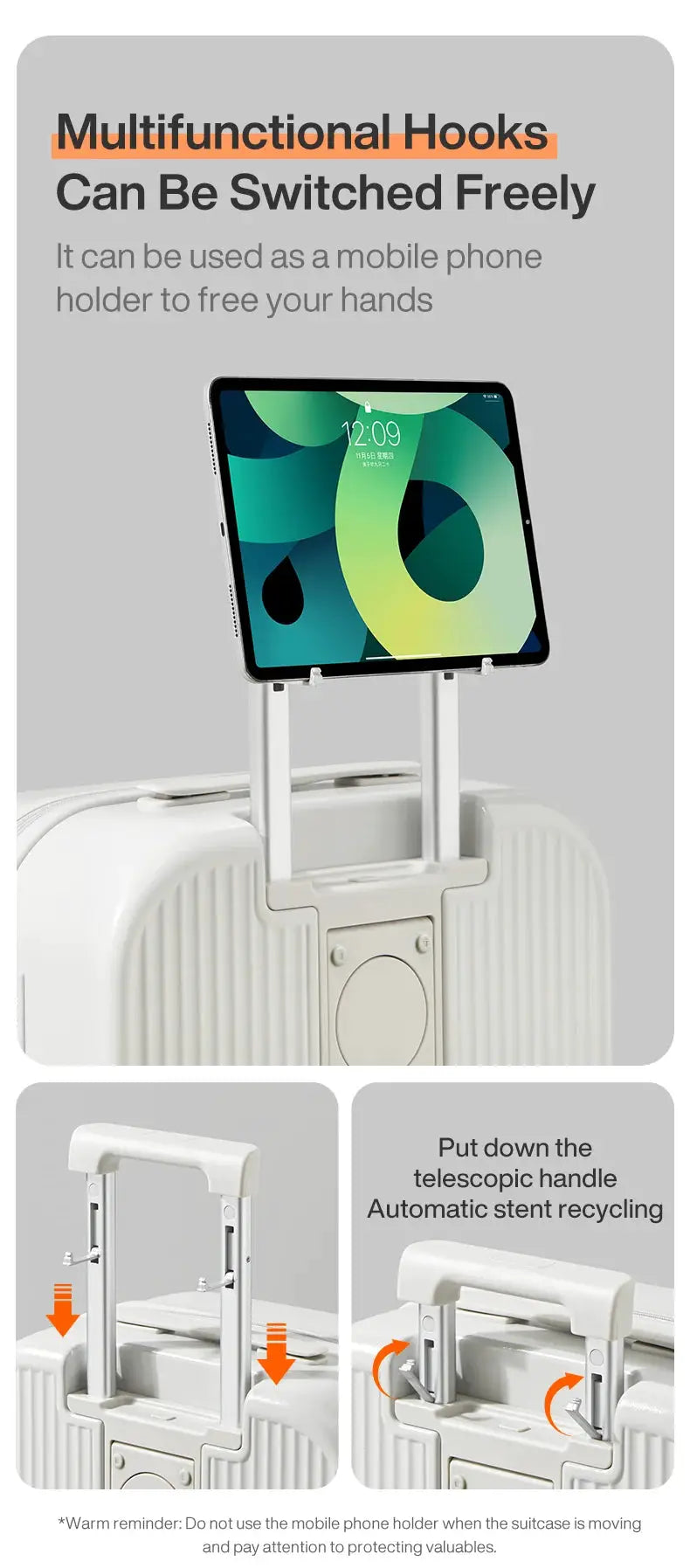 Mixi 2024 white hard-shell carry-on suitcase by Simples Market with telescoping handle and tablet stand