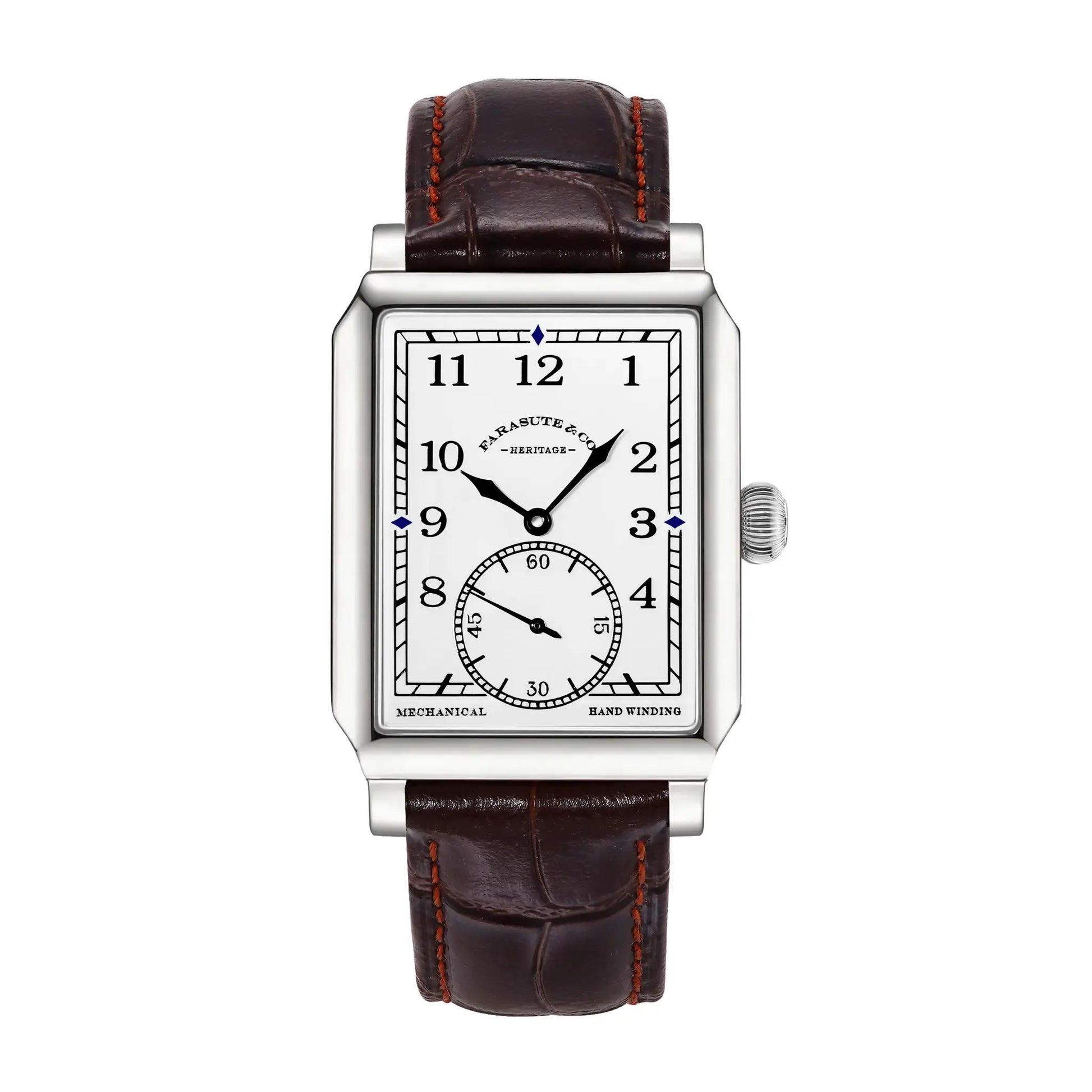 FARASUTE square men's wristwatch with white dial, black numerals, silver case, brown leather strap with orange stitching