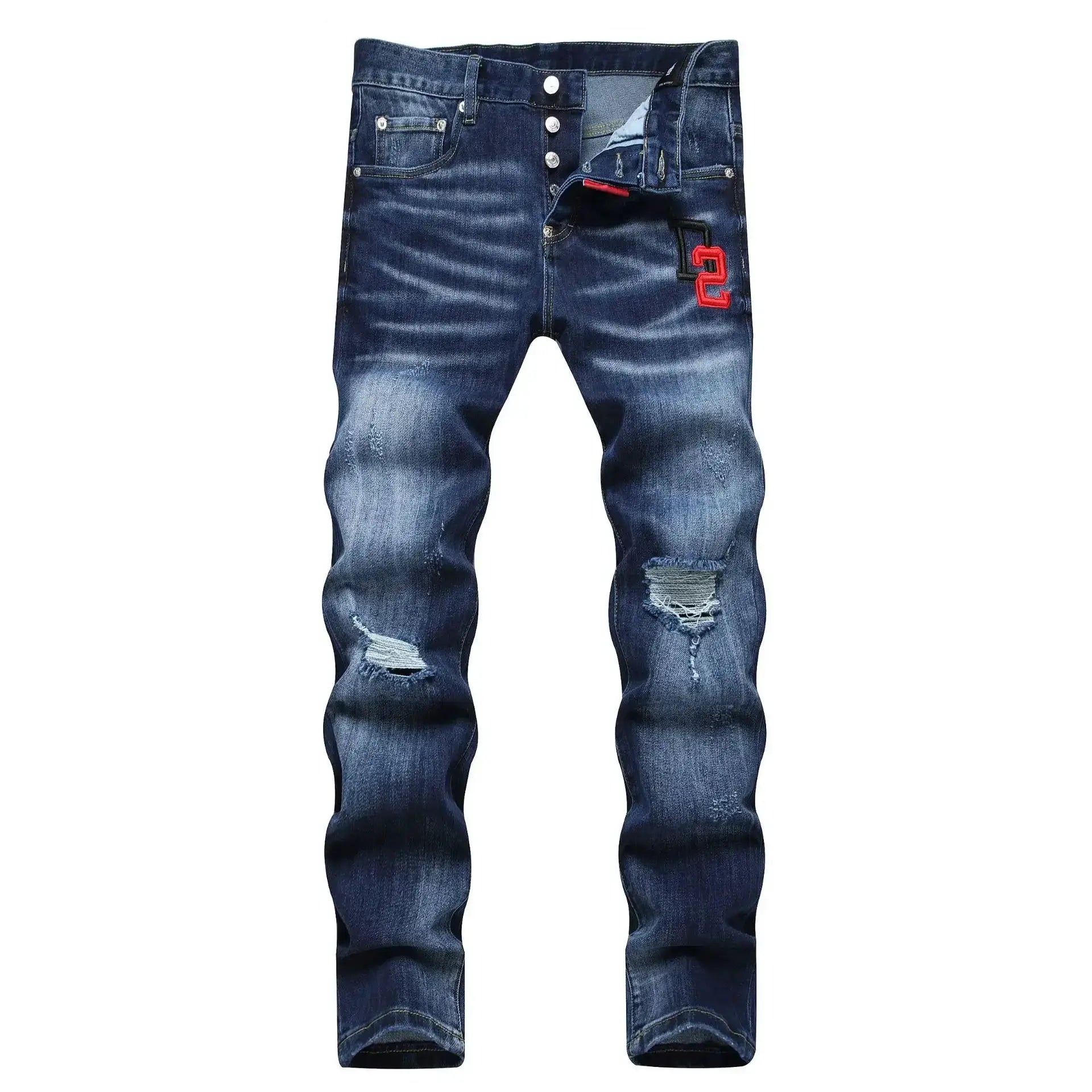 Men's light blue ripped jeans with distressed knees and red patch detail