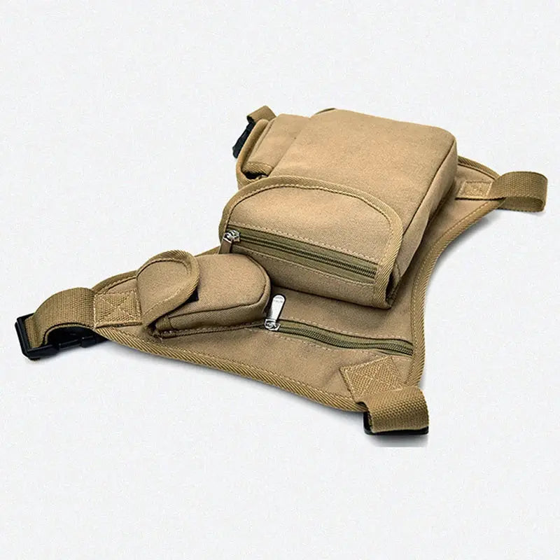 Men's canvas drop-waist fanny pack by Simples Market; tan belt bag with multiple zip pockets