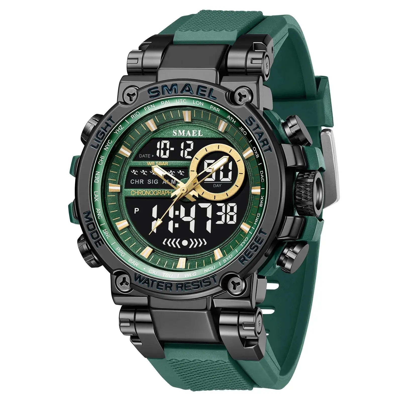 SMAEL 8141 men's digital sport watch with green TPU strap, alloy case, 50m water resistant