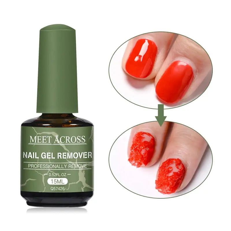 Meet Across nail gel remover bottle, 15ML, green cap with green label