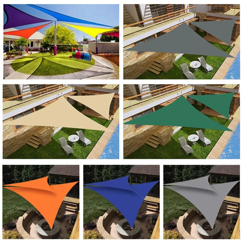 Simples Market waterproof triangle sun shade sails in assorted colors for outdoor patios; collage of multiple sails.
