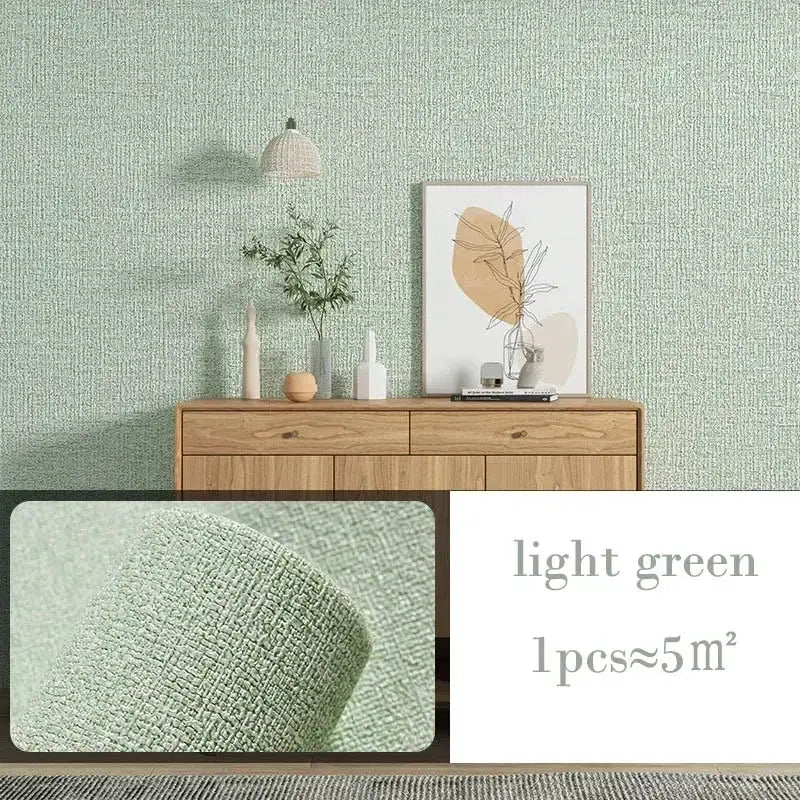 10m self-adhesive thermal insulation wallpaper with linen texture in light green, 3D thickened wall decor