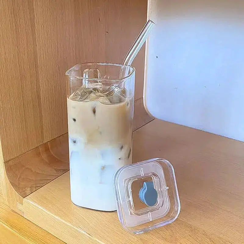 Square Heat Resistant Glass Transparent Cups With Lids And Straws Set Of 1 2 4 6 For Coffee Milk Tea Juice Mug