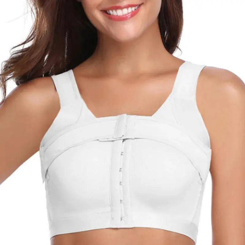 Women's front-closure post-surgery compression breast support bra in white with wide straps