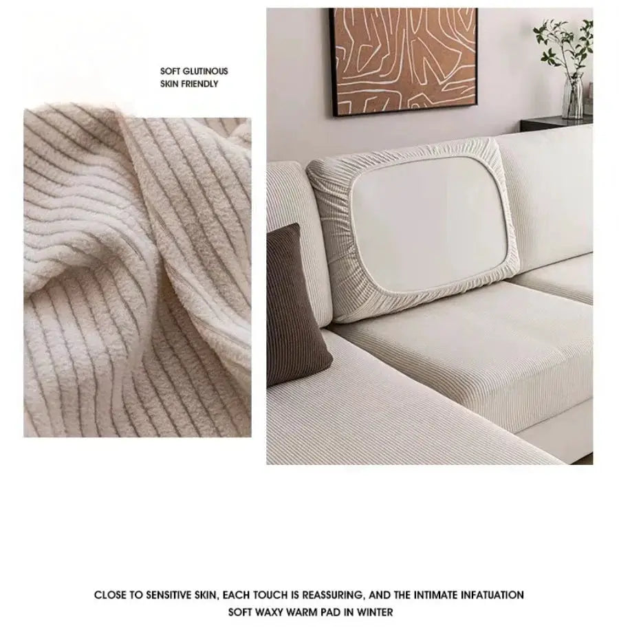 Beige striped jacquard stretch sofa cushion cover, removable and washable.