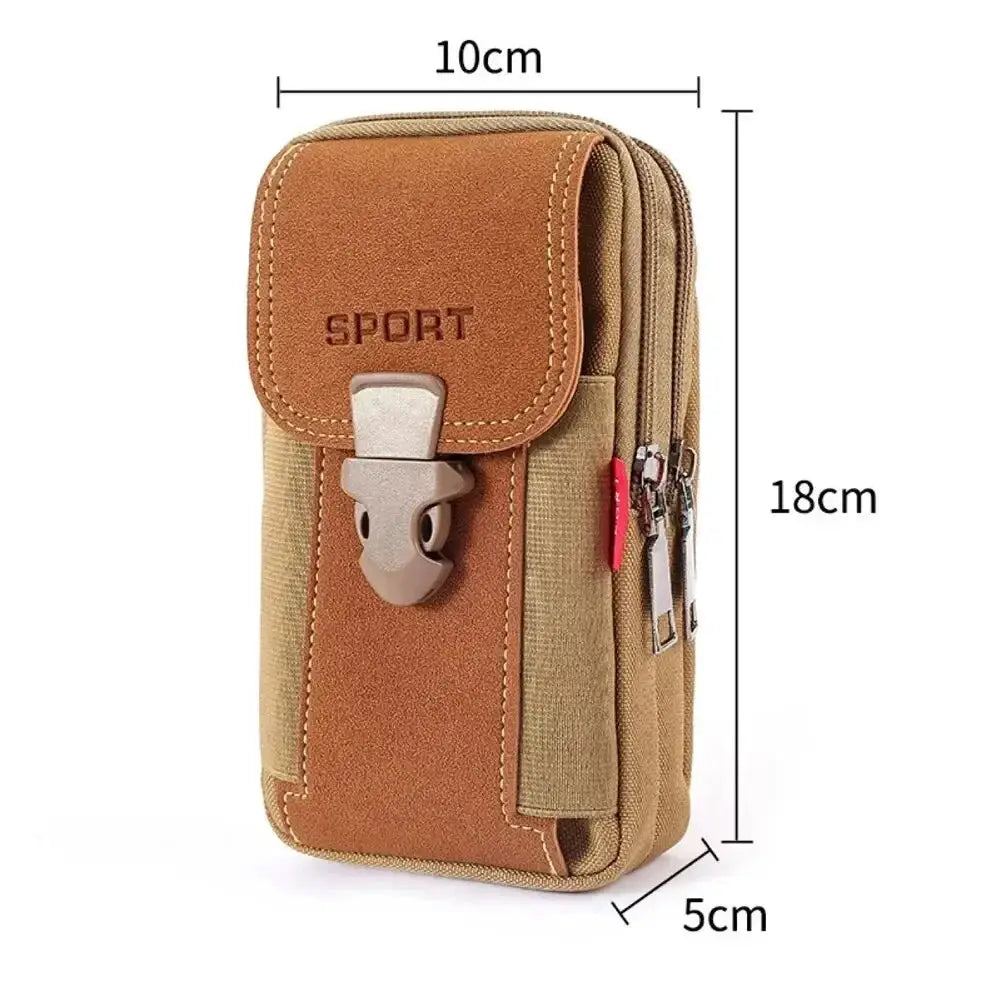 Belt pouch for mobile phone, tan canvas with brown leather flap, Simples Market sport brand, 10x18x5 cm