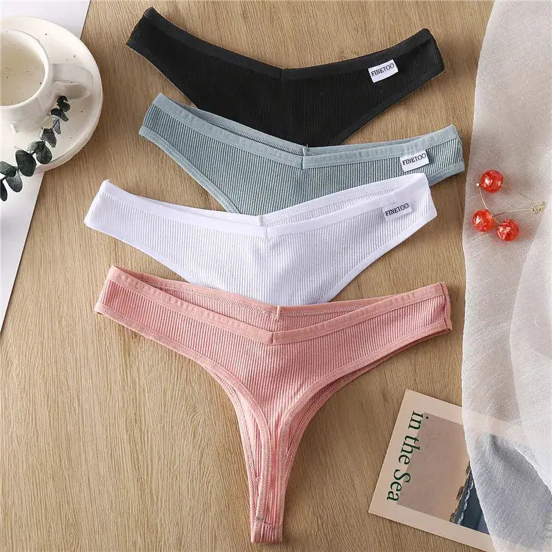 4-pack cotton thong panties for women in black, blue, white, and pink with Finetoo branding.