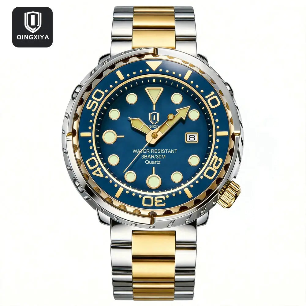 Men's luxury diver watch Qingxiya with blue dial, two-tone gold/silver bracelet, luminous markers, date window