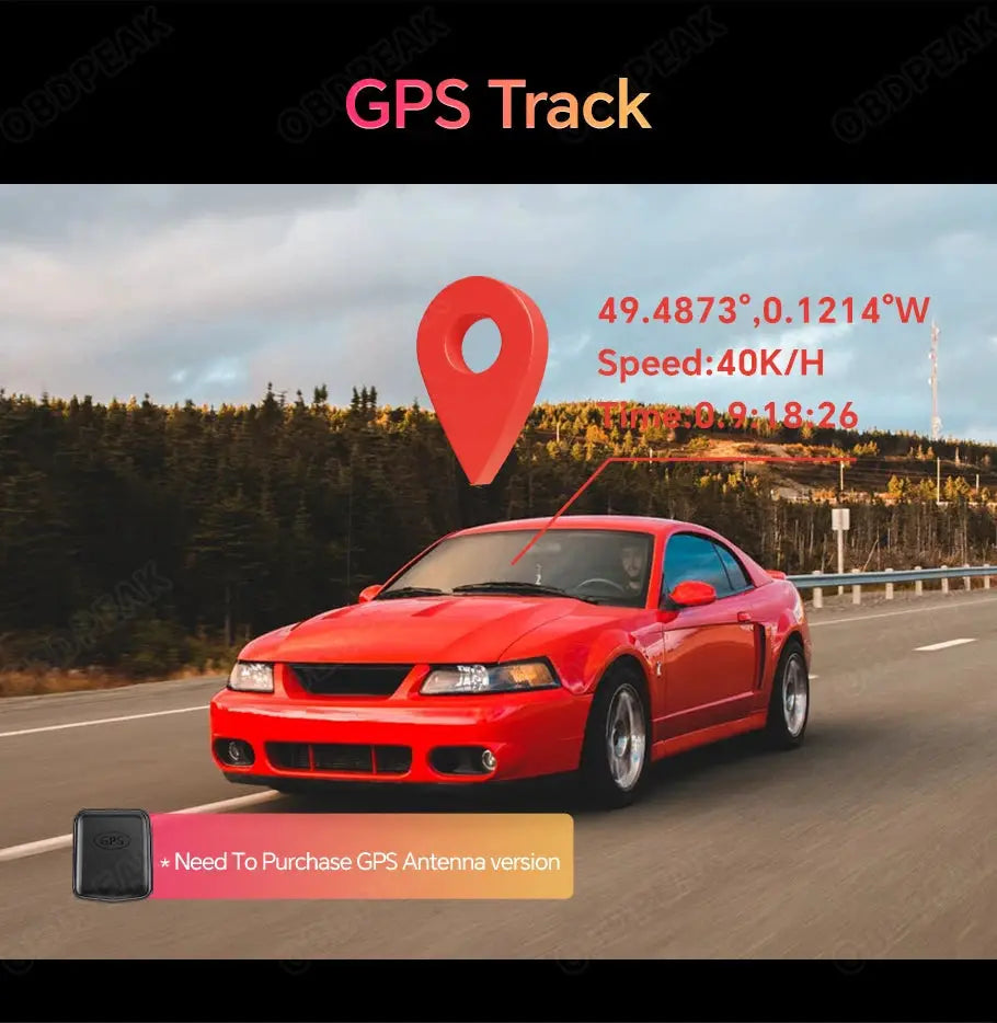 OBDPEAK K8 Pro dash cam with GPS Track overlay on a red car driving on a highway; GPS antenna icon visible.