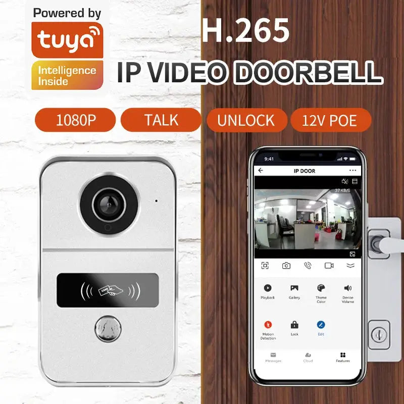 Tuya Smart 1080P IP video doorbell, silver finish with camera and 12V POE option