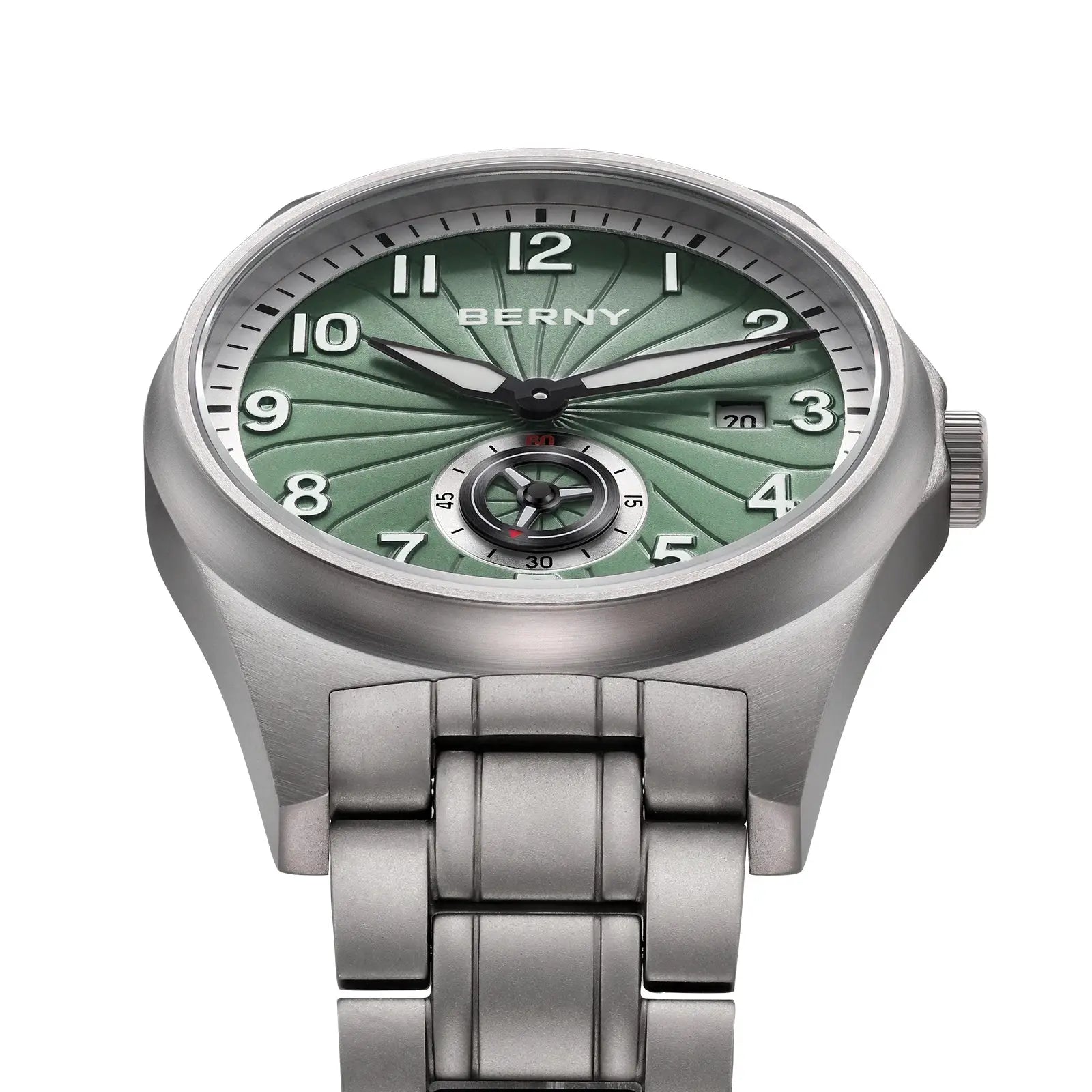 BERNY full titanium automatic men's watch with green sunburst dial, luminous hands and a 3 o'clock date window