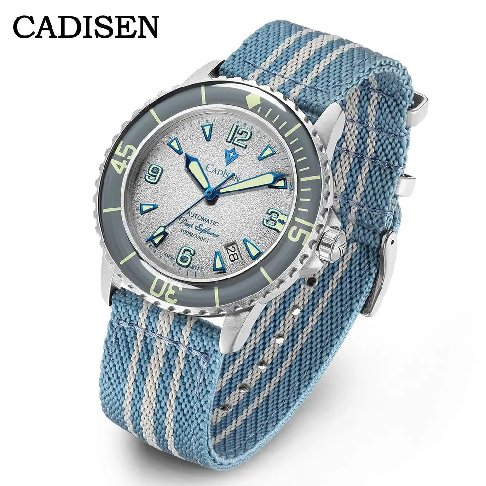 CADISEN Deep Explorer automatic wristwatch with blue canvas strap and luminous dial