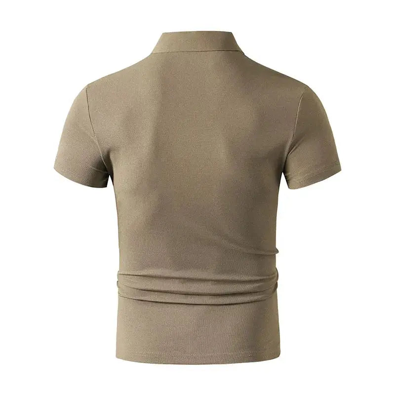 Beige men's polo shirt with short sleeves and collar, breathable casual top