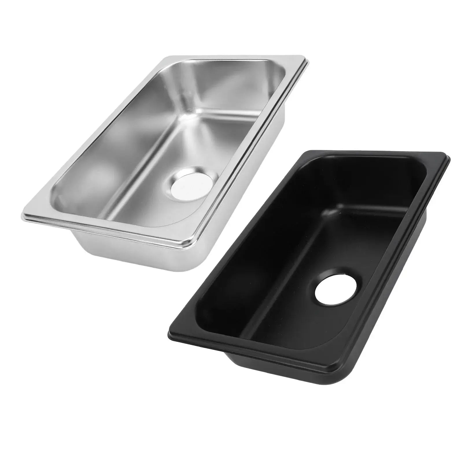 Two RV 304 stainless rectangular sinks, silver and black finishes, hand-wash basins with 40mm drain outlet