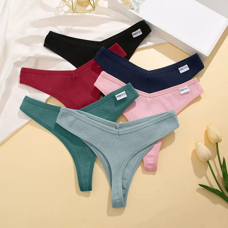 Simples Market 6-pack waffle cotton thong panties for women in assorted solid colors, V-waist, S-XL