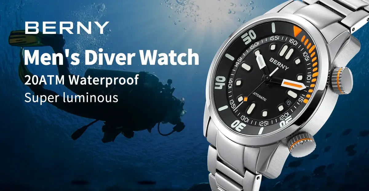 BERNY men's diver watch with black dial, orange accents, and stainless steel bracelet.