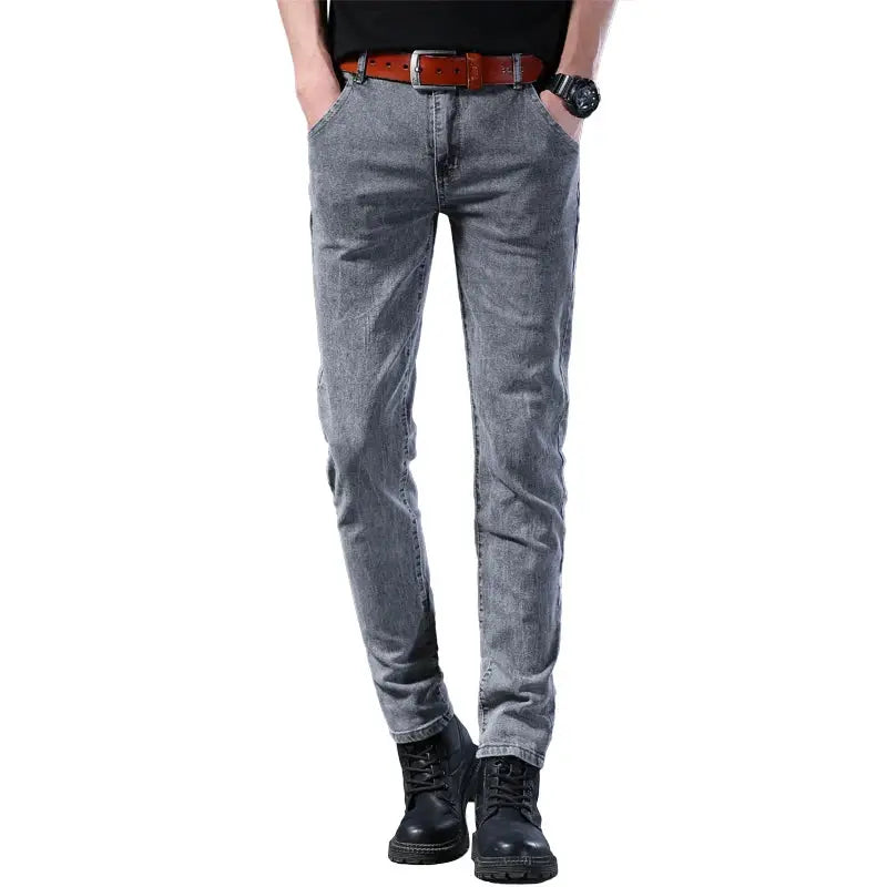 Men's slim-fit gray denim jeans with straight leg, mid-rise, casual pants