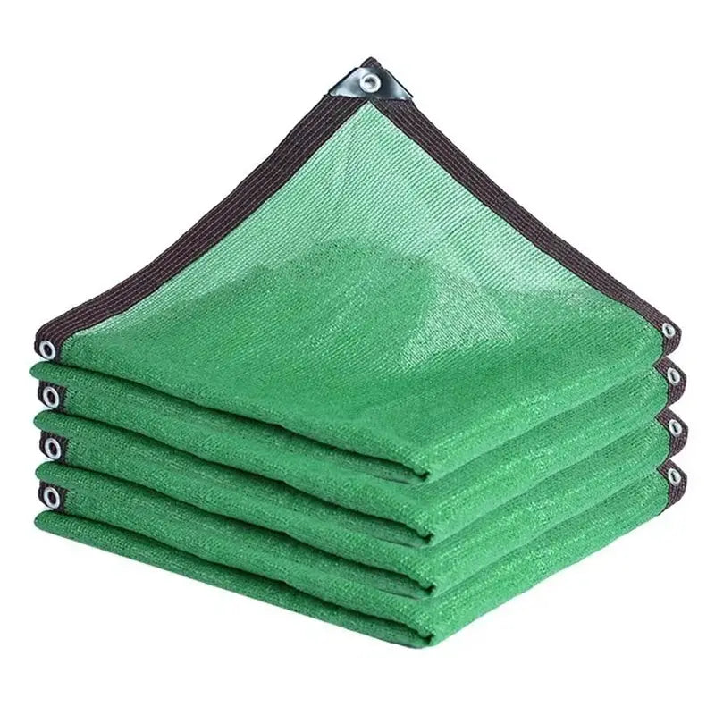HDPE sun shade nets; five green panels stacked with metal grommets for bonsai and outdoor plants