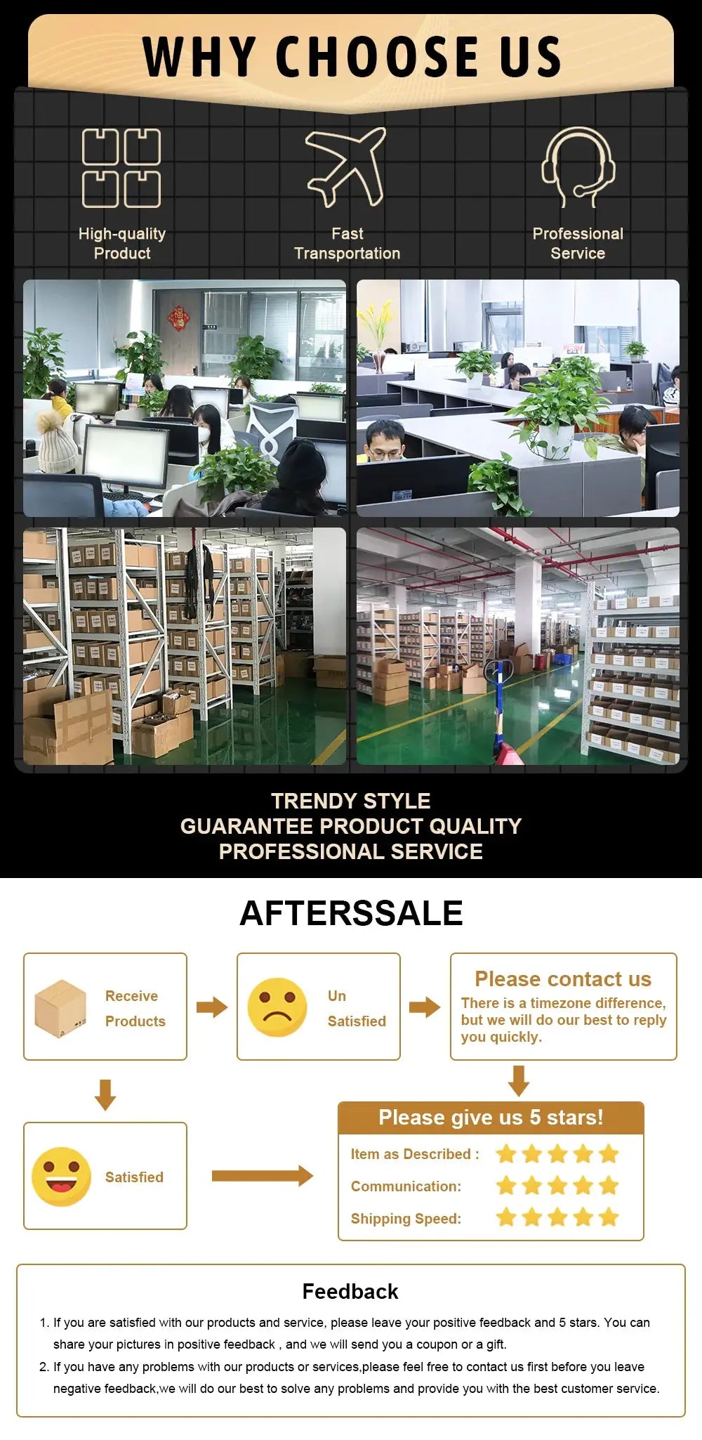 Promotional collage by Simples Market for aftersale service, showing four photos of offices and warehouse shelves.