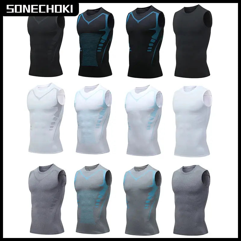 SONECHOKI compression tank tops for men, 12-pack sleeveless gym shirts in black, white and gray with blue accents