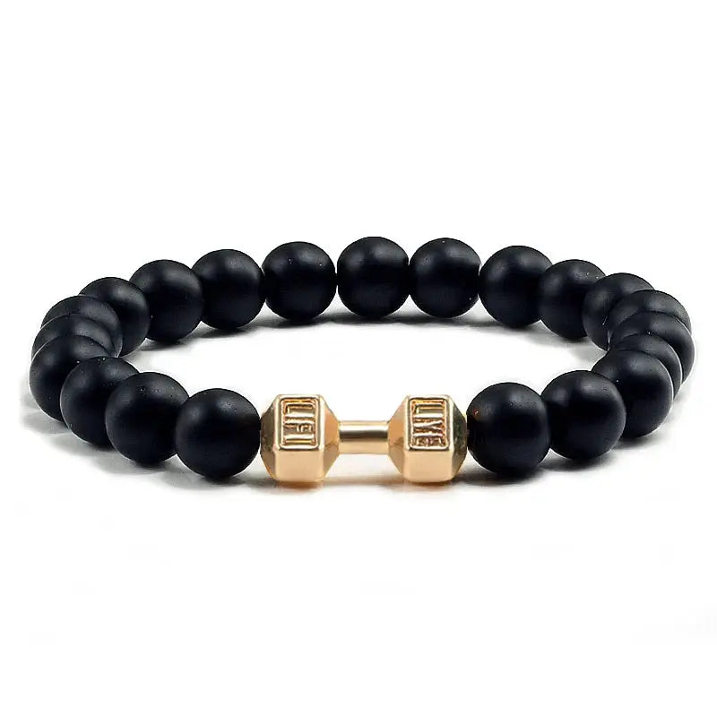 Natural Volcanic Stone Bracelet For Men And Women Matte Black Lava White Beads Dumbbell Charm Strand Fitness Jewelry