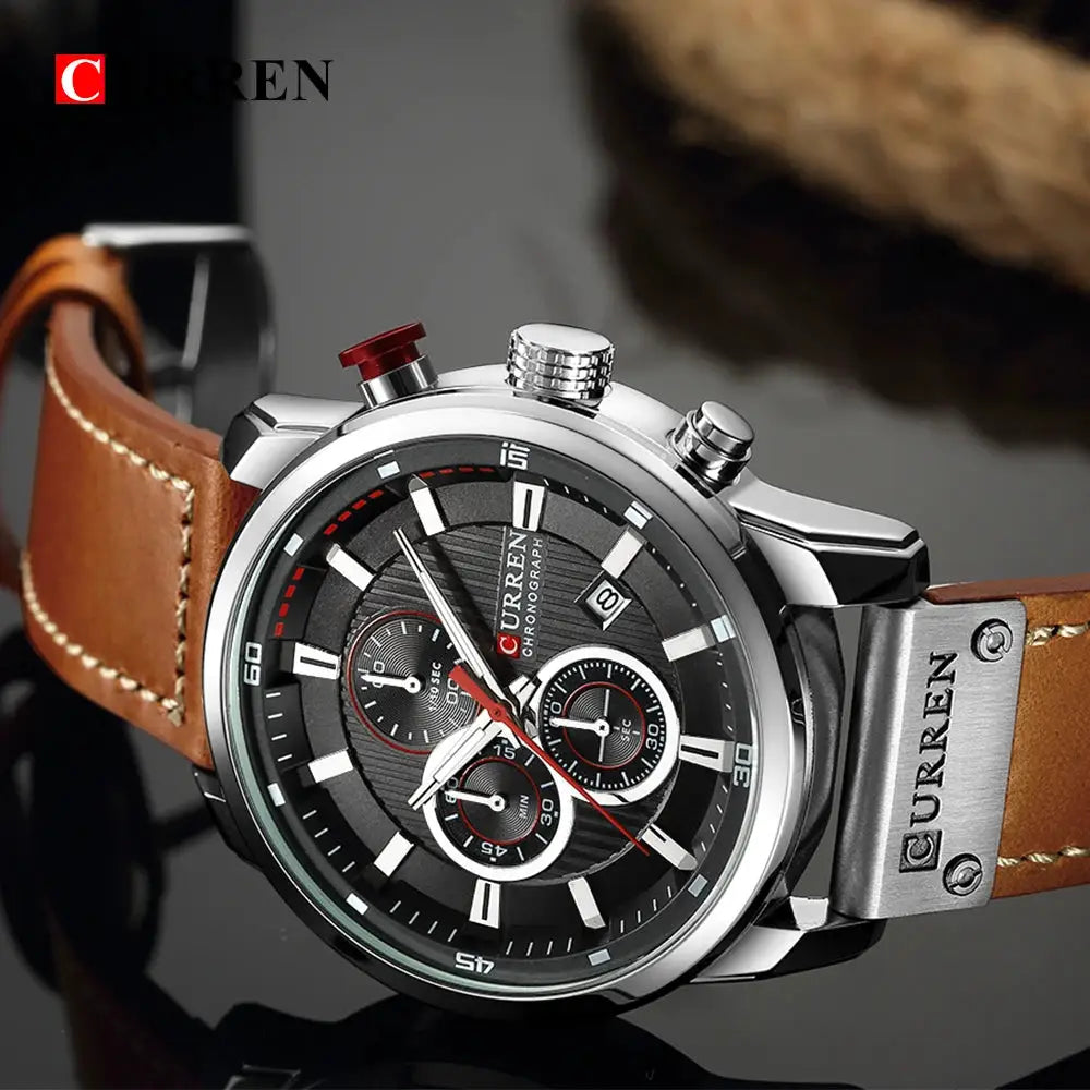 CURREN 8291 men's quartz chronograph watch with brown leather strap and stainless steel case
