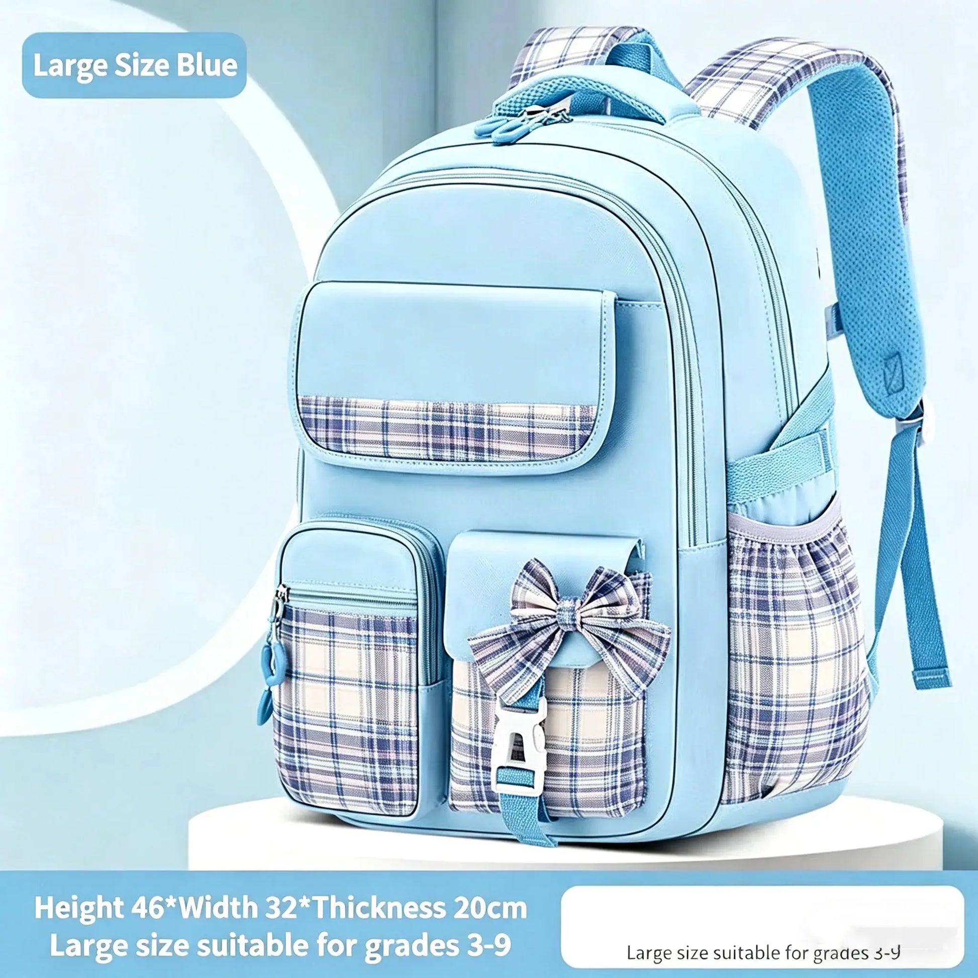 Backpack by Simples Market, large blue checkered school bag with ergonomic spine support and lightweight waterproof
