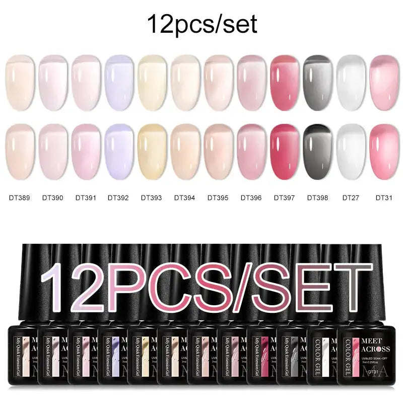 12-piece gel nail polish set by Simples Market Meet Across in pink glitter and pastel macaron blue shades