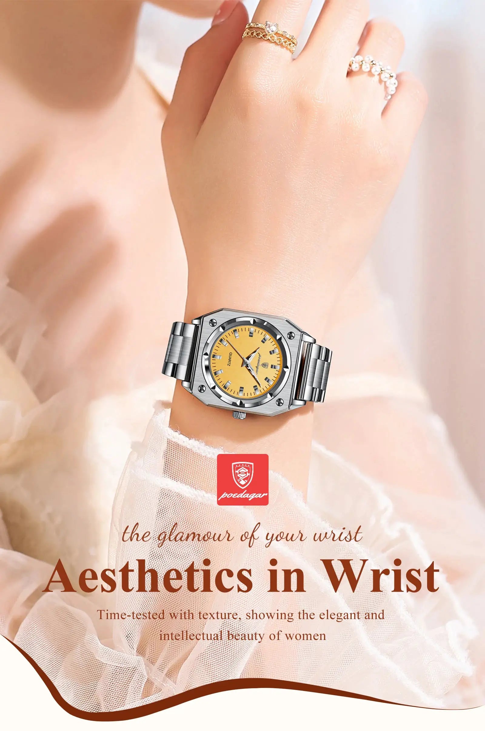 POEDAGAR Elegant Ladies Wristwatch with yellow dial and stainless steel band; two rings on the wrist.