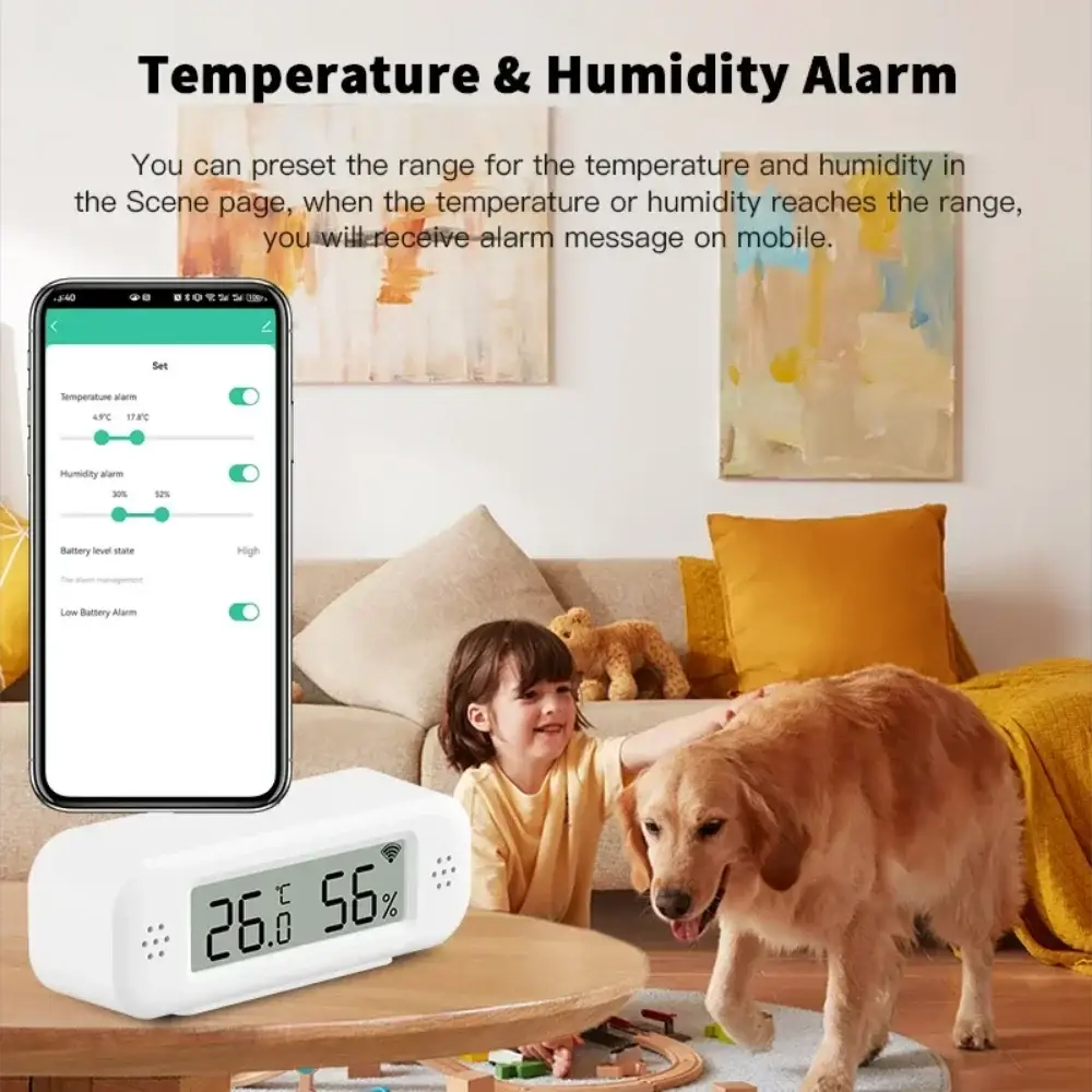 Tuya WiFi temperature humidity sensor; white smart thermometer with app control, showing 26.6°C and 56%.