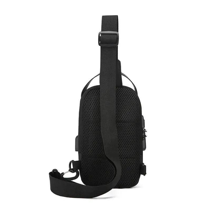 Men's anti-theft chest bag by Simples Market, black crossbody sling with adjustable strap and mesh back.