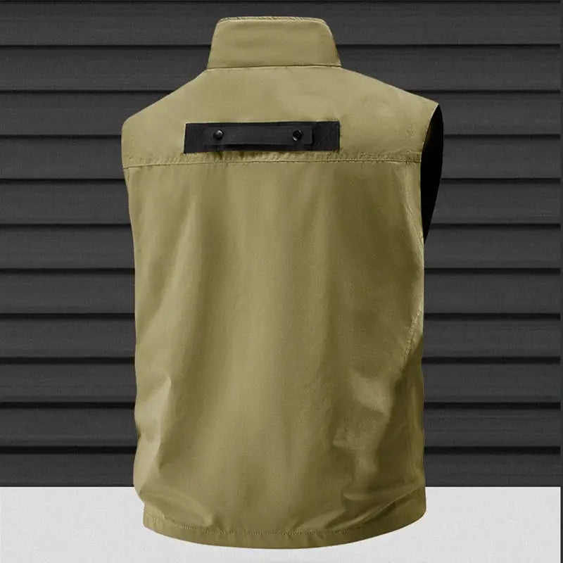 Men's tan outdoor fishing vest with multiple pockets, vertical collar, breathable quick-drying fabric