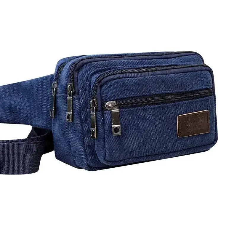 Canvas waist bag blue, Simples Market multifunctional waist pack with multiple zip pockets and adjustable strap