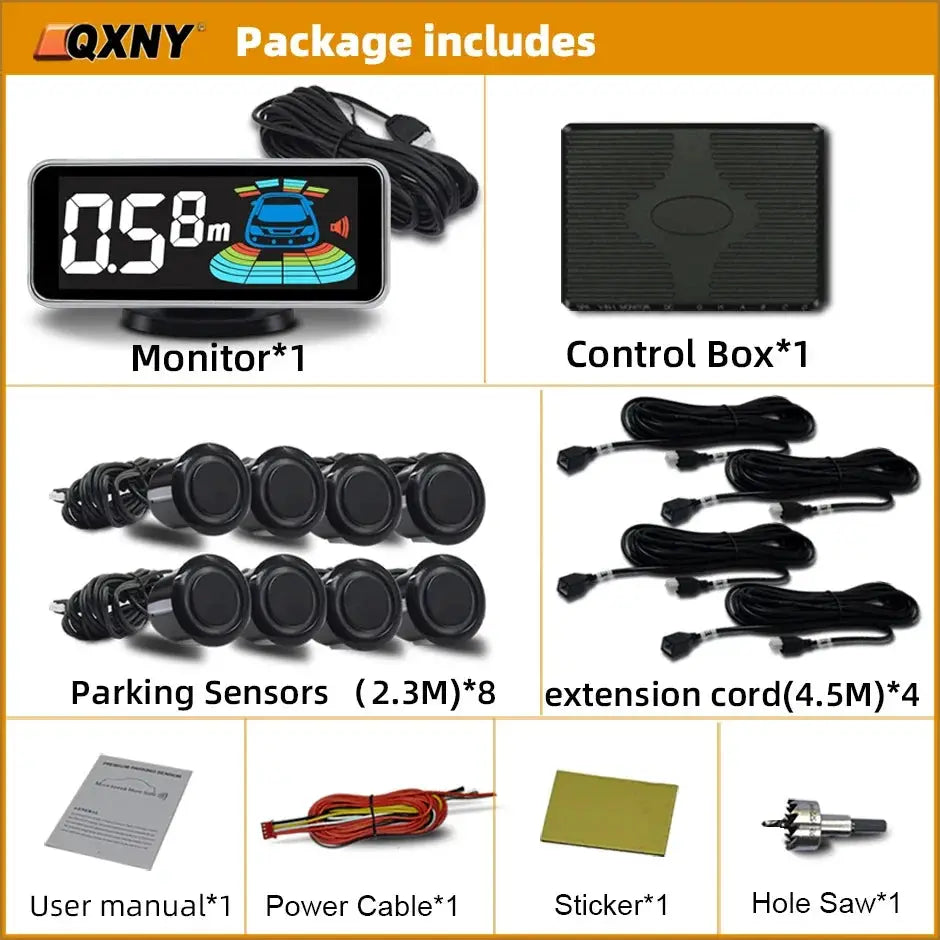 8 Parktronic parking sensor kit by Simples Market with monitor, control box, 8 sensors and 4 extension cords.