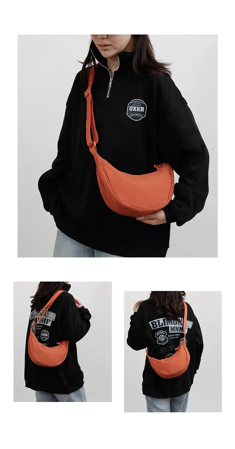 Nylon crossbody bag, unisex orange crescent-shaped dumpling bag with adjustable strap, Simples Market, large capacity