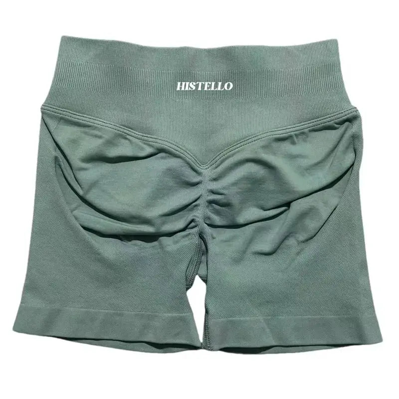 Histello sports shorts by Simples Market; low-rise seamless scrunch, sage green, breathable workout shorts