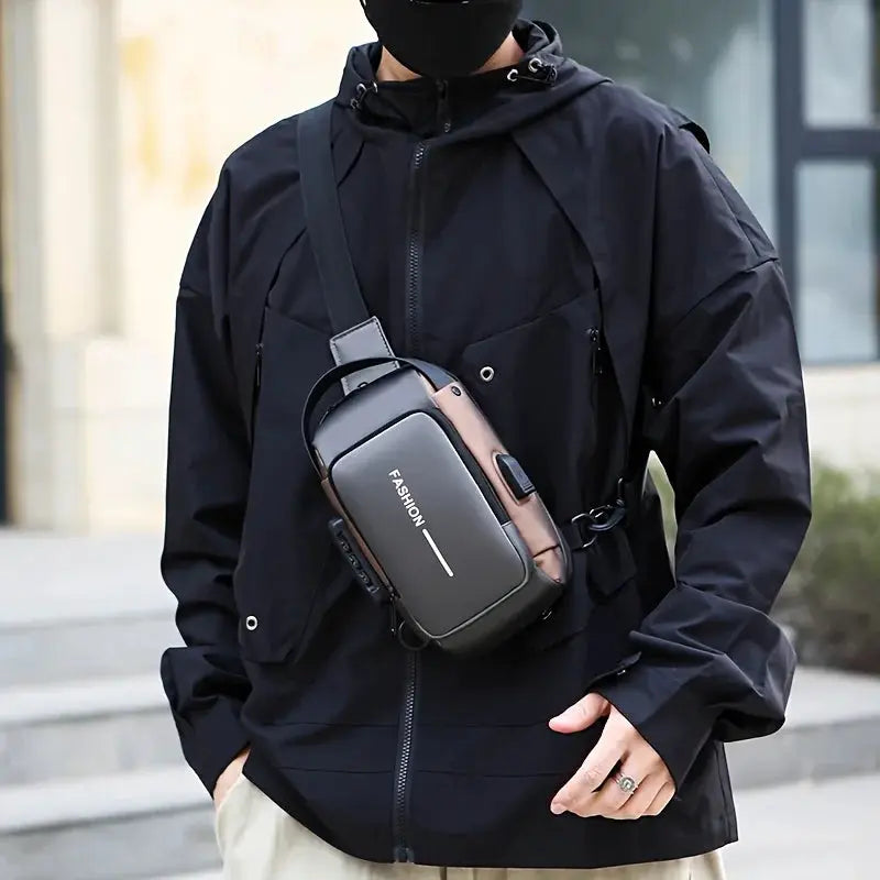 Stylish men's sling bag in gray/black Oxford fabric with phone pocket and zip closure, worn crossbody.