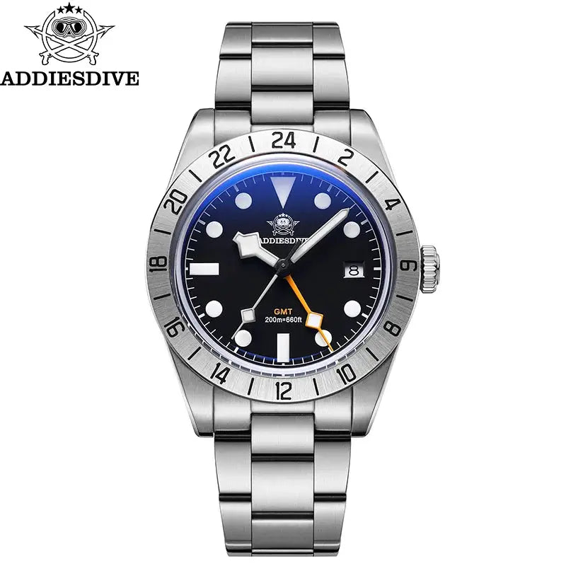 ADDIESDIVE GMT watch, 39mm quartz, stainless steel bracelet, black dial, orange GMT hand, 200m water resistant