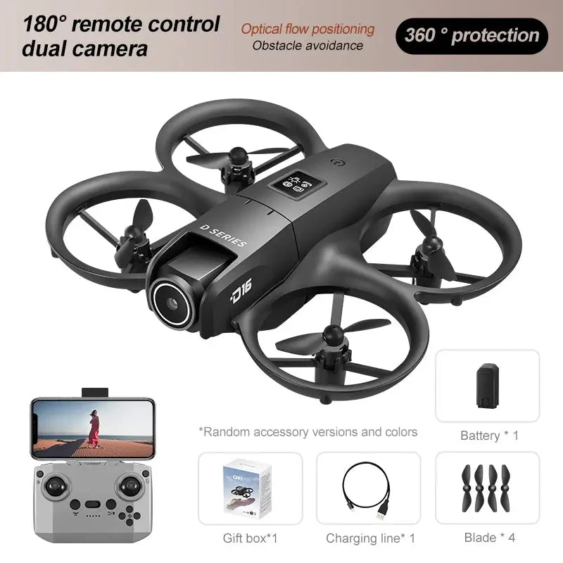 D16 Mini Drone 180 Degree 8K Dual Camera Quadcopter With Five Sided Obstacle Avoidance for Aerial Photography