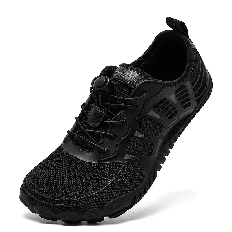 HOBIBEAR barefoot shoes, black breathable mesh with elastic band, wide toe casual sneakers for beach walking