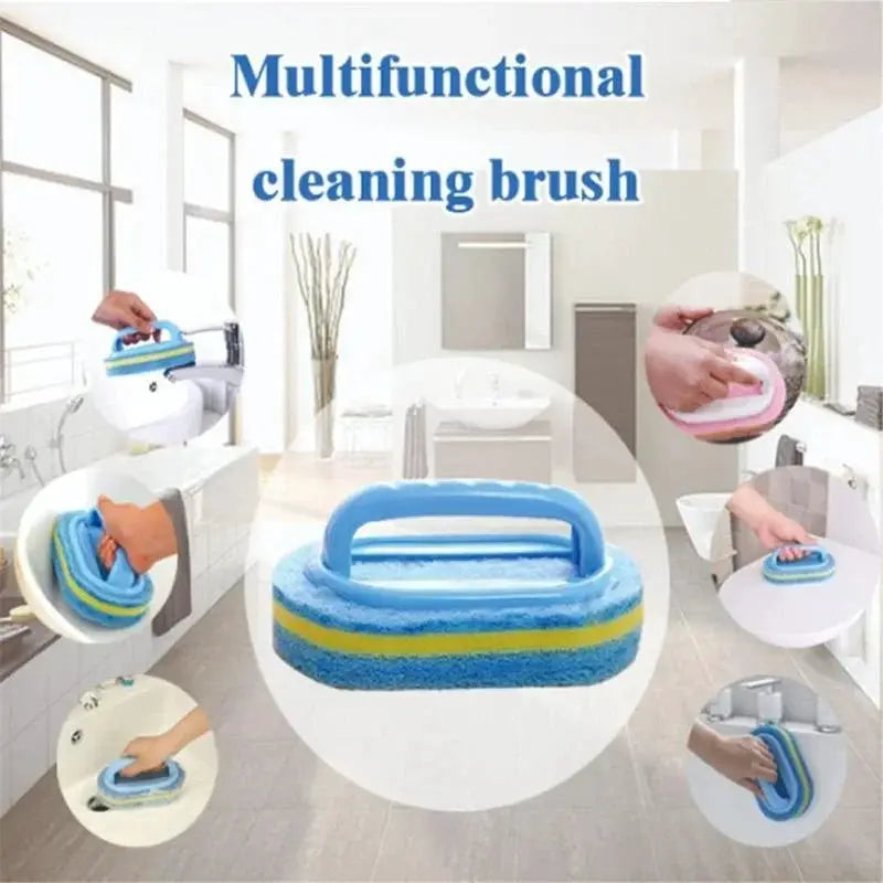 Simples Market multifunctional sponge cleaning brush with handle, blue sponge with yellow stripe for bathtub and tiles.